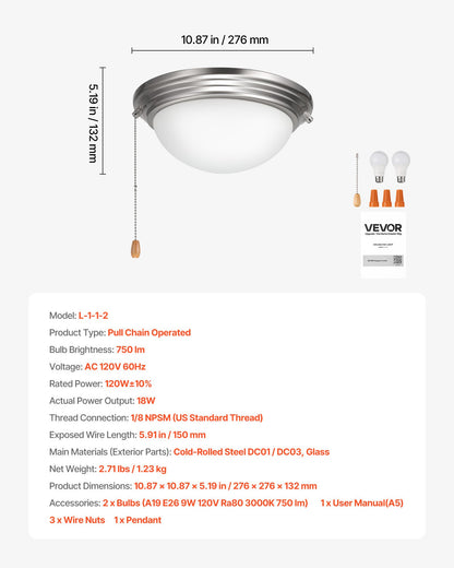VEVOR Ceiling Fan Light Kit, 750lm 3000K Fan Light Kit with Pull Chain, 2 LED Bulbs, Modern Replacement Fixture for Living Room, Dining Room, Bedroom, Frosted Milk Glass Shade Brushed Nickel Finish - DSDBQDYLTK1J64DET001V6 - view 8