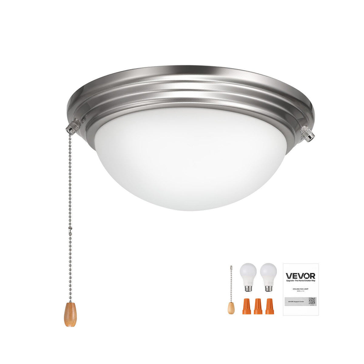 VEVOR Ceiling Fan Light Kit, 750lm 3000K Fan Light Kit with Pull Chain, 2 LED Bulbs, Modern Replacement Fixture for Living Room, Dining Room, Bedroom, Frosted Milk Glass Shade Brushed Nickel Finish - DSDBQDYLTK1J64DET001V6 - view 10