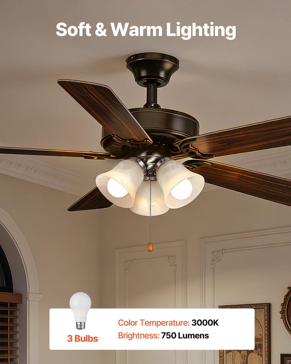 VEVOR Ceiling Fan Light Kit, Three-Light 3000K 750lm Fan Light Kit with Pull Chain, Replacement Fixture for Living Room, Bedroom, Dining Room, Home Decor, Cloud White Glass & Brushed Nickel Finish - DSDHDZDYLTK3VEB5O001V6 - view 3
