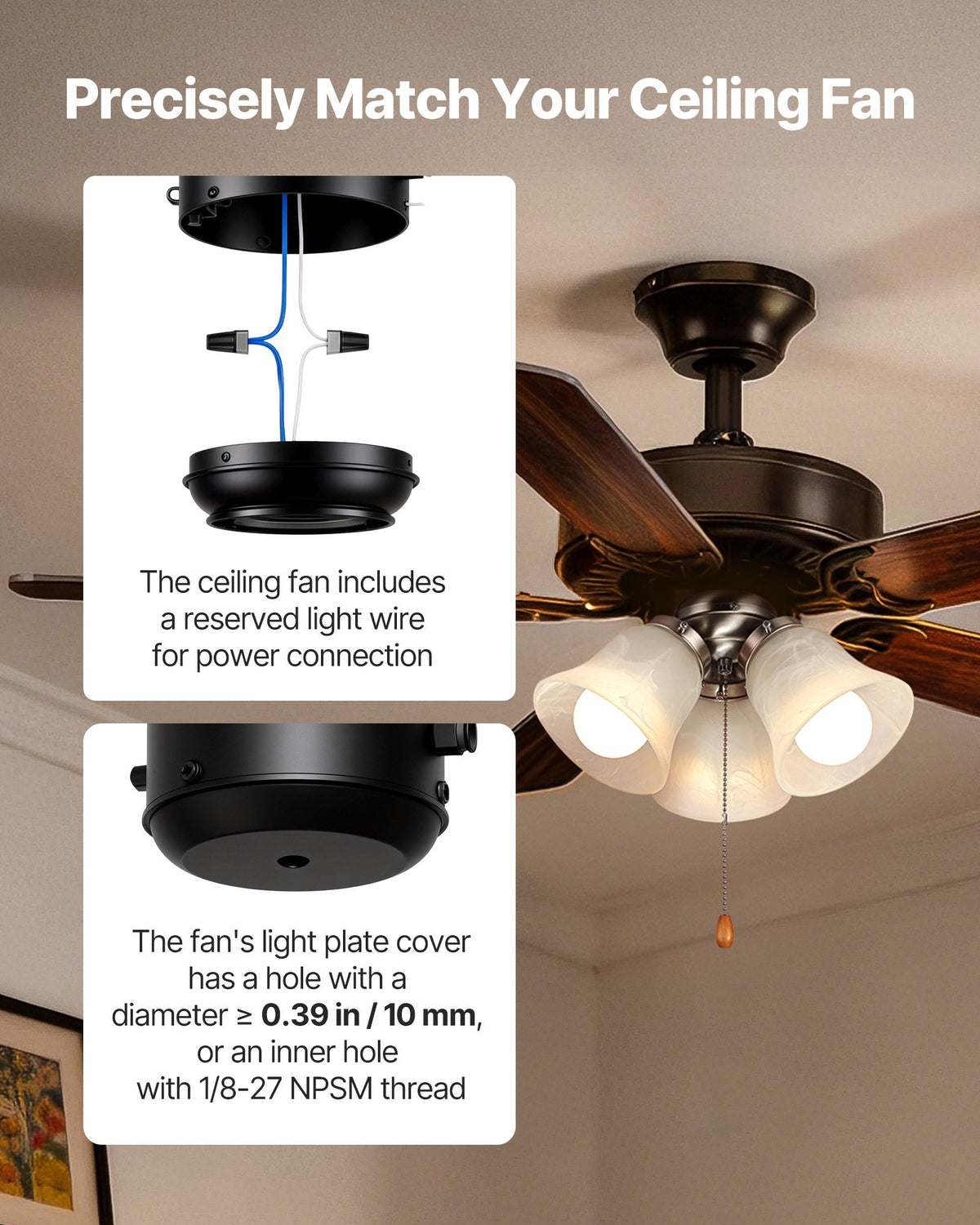 VEVOR Ceiling Fan Light Kit, Three-Light 3000K 750lm Fan Light Kit with Pull Chain, Replacement Fixture for Living Room, Bedroom, Dining Room, Home Decor, Cloud White Glass & Brushed Nickel Finish - DSDHDZDYLTK3VEB5O001V6 - view 4