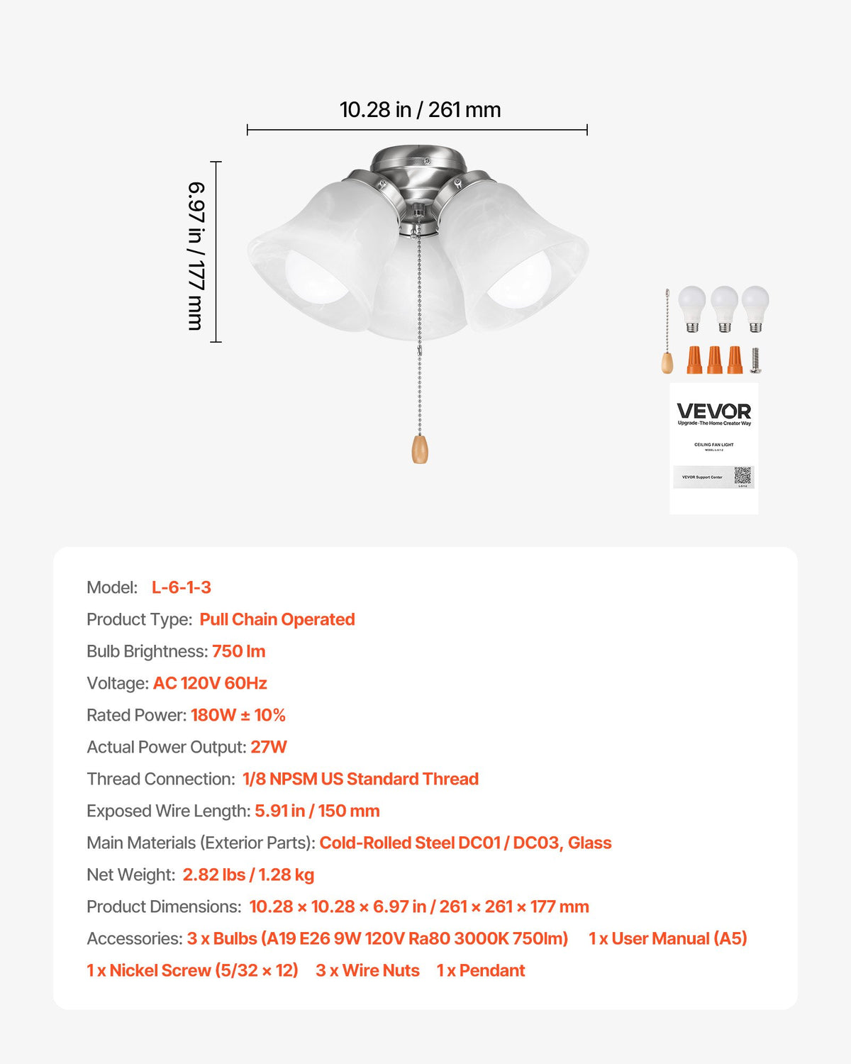 VEVOR Ceiling Fan Light Kit, Three-Light 3000K 750lm Fan Light Kit with Pull Chain, Replacement Fixture for Living Room, Bedroom, Dining Room, Home Decor, Cloud White Glass & Brushed Nickel Finish - DSDHDZDYLTK3VEB5O001V6 - view 8