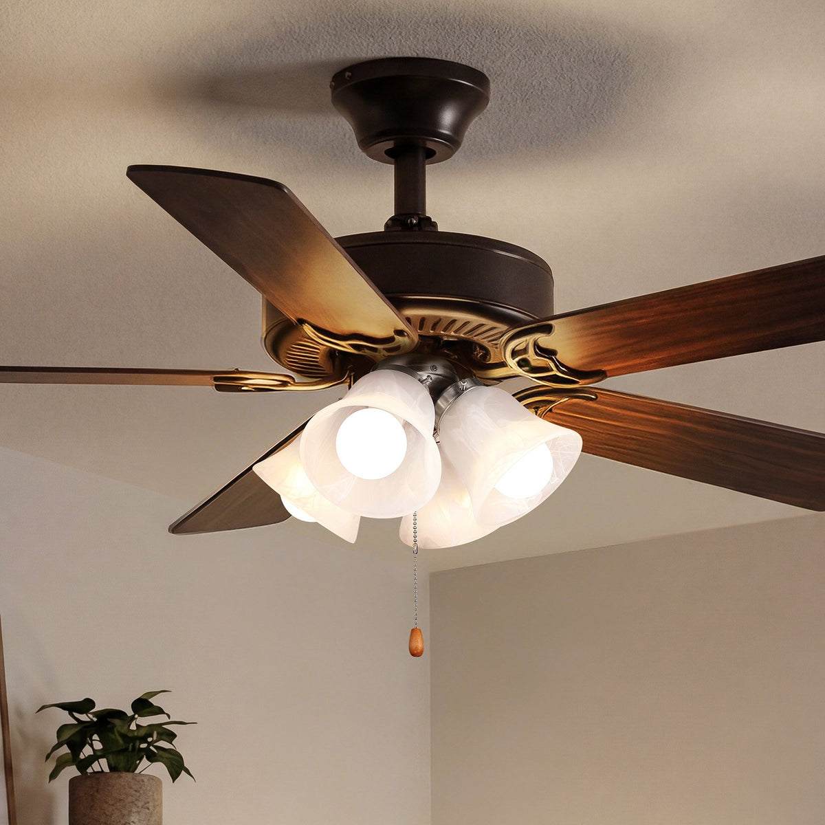 VEVOR Ceiling Fan Light Kit, Four-Light 3000K 750lm Fan Light Kit with Pull Chain, Replacement Light Fixture for Living Room, Bedroom, Home Decor, Cloud White Glass Shade Brushed Nickel, Floral Shape - DSDHDZDYLTK4EGPFE001V6 - view 9