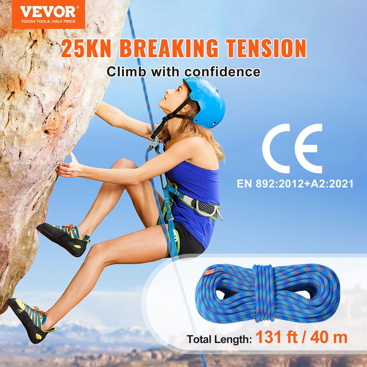 VEVOR 10.2mm Dynamic Climbing Rope, 40M(131ft) Outdoor Rock Climbing Rope 25KN Breaking Tension, Stretchable Fiber Rope with Steel Snap Hooks for Escape, Rappelling, Fire Rescue, Blue - DSDLS131YC103J6V8V0 - view 3