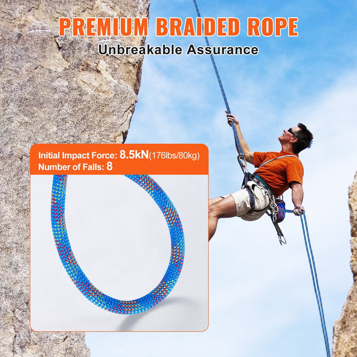 VEVOR 10.2mm Dynamic Climbing Rope, 40M(131ft) Outdoor Rock Climbing Rope 25KN Breaking Tension, Stretchable Fiber Rope with Steel Snap Hooks for Escape, Rappelling, Fire Rescue, Blue - DSDLS131YC103J6V8V0 - view 4