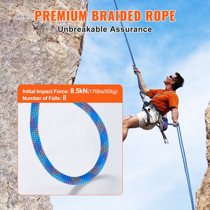 VEVOR 10.2mm Dynamic Climbing Rope, 40M(131ft) Outdoor Rock Climbing Rope 25KN Breaking Tension, Stretchable Fiber Rope with Steel Snap Hooks for Escape, Rappelling, Fire Rescue, Blue - DSDLS131YC103J6V8V0 - view 4
