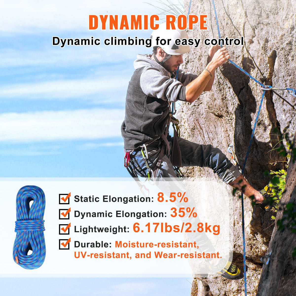 VEVOR 10.2mm Dynamic Climbing Rope, 40M(131ft) Outdoor Rock Climbing Rope 25KN Breaking Tension, Stretchable Fiber Rope with Steel Snap Hooks for Escape, Rappelling, Fire Rescue, Blue - DSDLS131YC103J6V8V0 - view 6