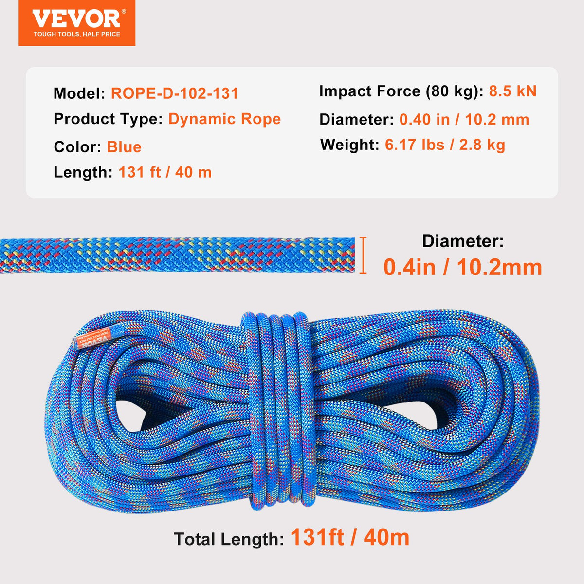 VEVOR 10.2mm Dynamic Climbing Rope, 40M(131ft) Outdoor Rock Climbing Rope 25KN Breaking Tension, Stretchable Fiber Rope with Steel Snap Hooks for Escape, Rappelling, Fire Rescue, Blue - DSDLS131YC103J6V8V0 - view 8