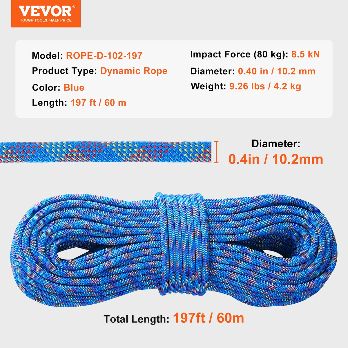 VEVOR 10.2mm Dynamic Climbing Rope, 60M(197ft) Outdoor Rock Climbing Rope 25KN Breaking Tension, Stretchable Fiber Rope with Steel Snap Hooks for Escape, Rappelling, Fire Rescue, Blue - DSDLS197YC10KNO0JV0 - view 8