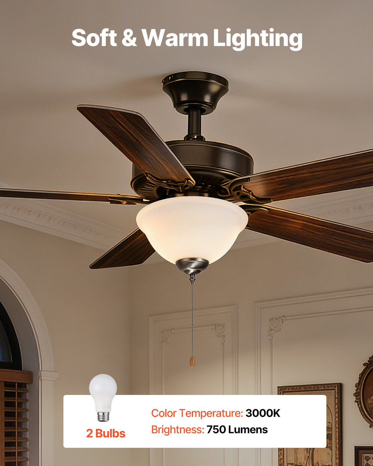 VEVOR Ceiling Fan Light Kit, 750lm 3000K Bowl Shaped Fan Light Kit with Pull Chain, 2 LED Bulbs, Replacement Fixture for Living Room, Dining Room, Bedroom, Indoor, White Glass Shade Brushed Nickel - DSDWZDYLTK1JK9N1K001V6 - view 3