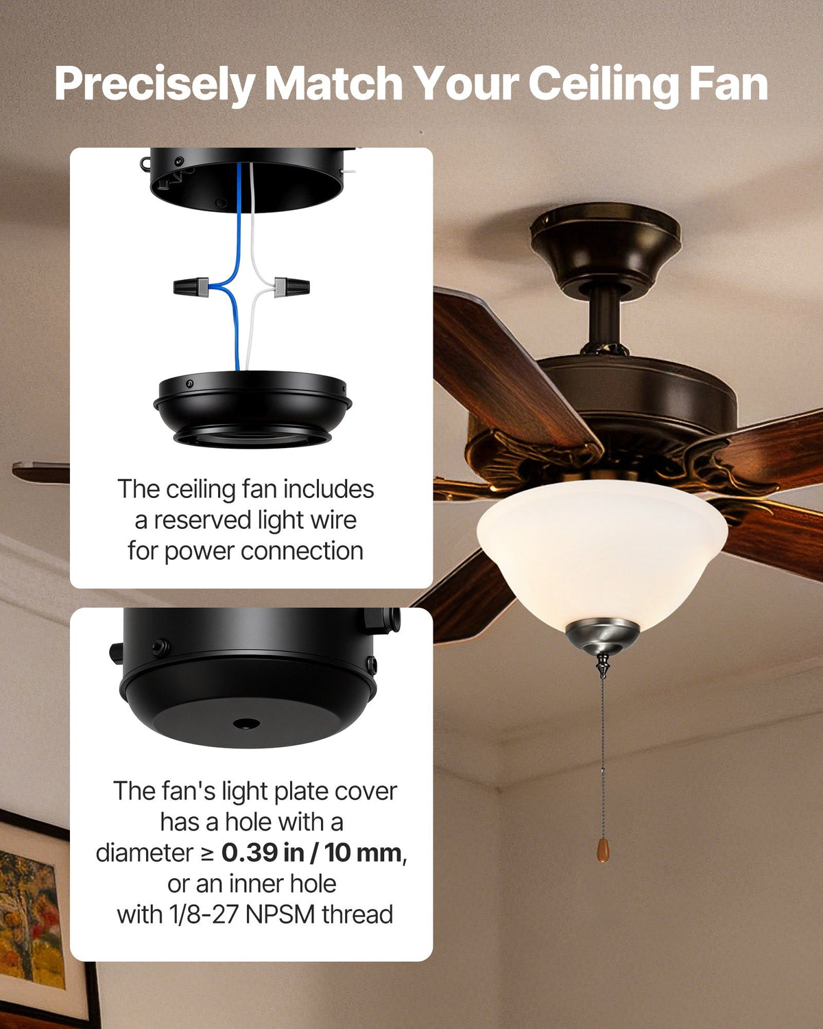 VEVOR Ceiling Fan Light Kit, 750lm 3000K Bowl Shaped Fan Light Kit with Pull Chain, 2 LED Bulbs, Replacement Fixture for Living Room, Dining Room, Bedroom, Indoor, White Glass Shade Brushed Nickel - DSDWZDYLTK1JK9N1K001V6 - view 4