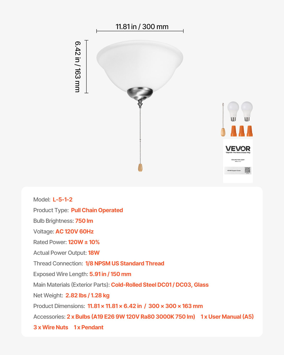 VEVOR Ceiling Fan Light Kit, 750lm 3000K Bowl Shaped Fan Light Kit with Pull Chain, 2 LED Bulbs, Replacement Fixture for Living Room, Dining Room, Bedroom, Indoor, White Glass Shade Brushed Nickel - DSDWZDYLTK1JK9N1K001V6 - view 8