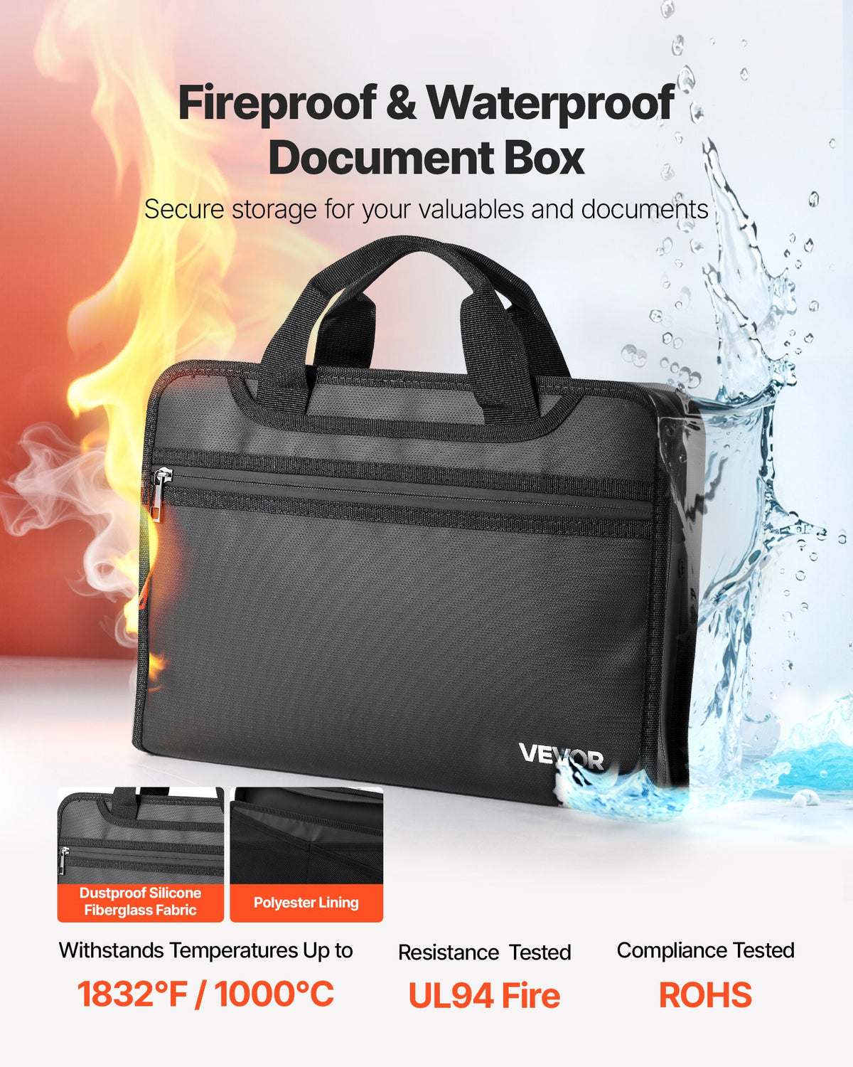 VEVOR Fireproof Document Bag, 1832 ℉ Heat Insulated Fireproof & Waterproof Bag, Portable Multi-Layer File Storage Security Organizer Home Office Travel Use, for Passports, Important Documents, Files - DSFHDCGKDCRQ2ZVK9001V0 - view 3