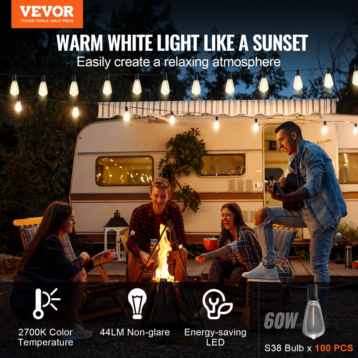 VEVOR LED Outdoor String Lights, 200FT, 2700K Dimmable Outside Patio Lights with 100 ST38 Shatterproof Bulbs E12 Socket Base, Waterproof Hanging Lights for Porch Backyard Garden Balcony Party Decor - DSHWDC200FT1Y7WG9V1 - view 3