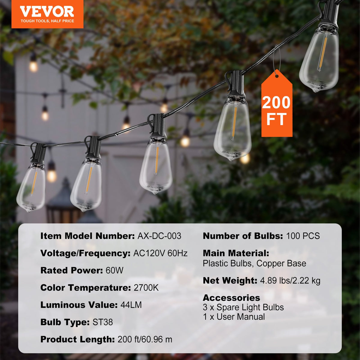 VEVOR LED Outdoor String Lights, 200FT, 2700K Dimmable Outside Patio Lights with 100 ST38 Shatterproof Bulbs E12 Socket Base, Waterproof Hanging Lights for Porch Backyard Garden Balcony Party Decor - DSHWDC200FT1Y7WG9V1 - view 8