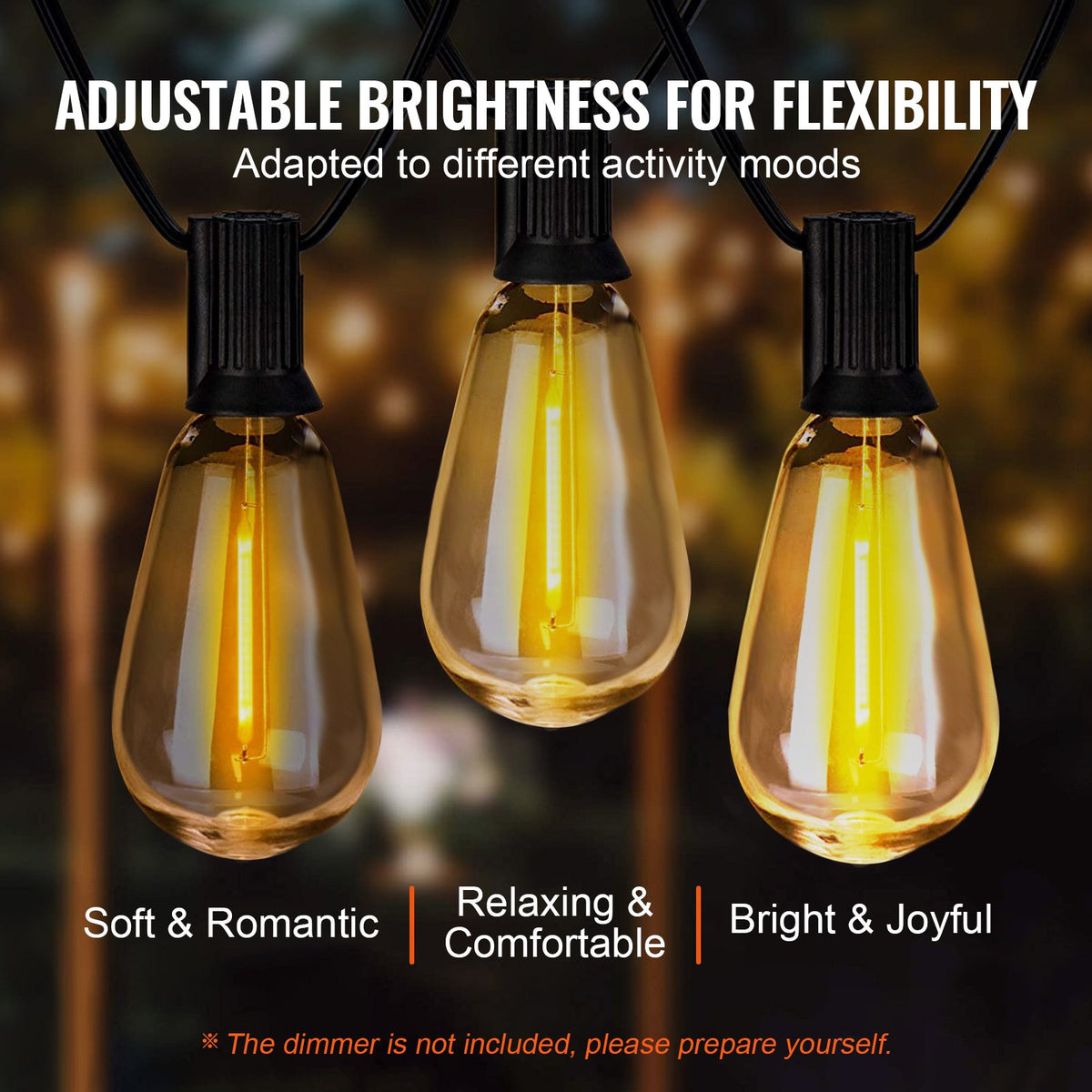 VEVOR LED Outdoor String Lights, 50FT, 2700K Dimmable Outside Patio Lights with 15 S14 Shatterproof Bulbs E12 Socket Base, Waterproof Hanging Lights for Porch Backyard Garden Balcony Deck Party Decor - DSHWDC50FT15MKS7IV1 - view 4