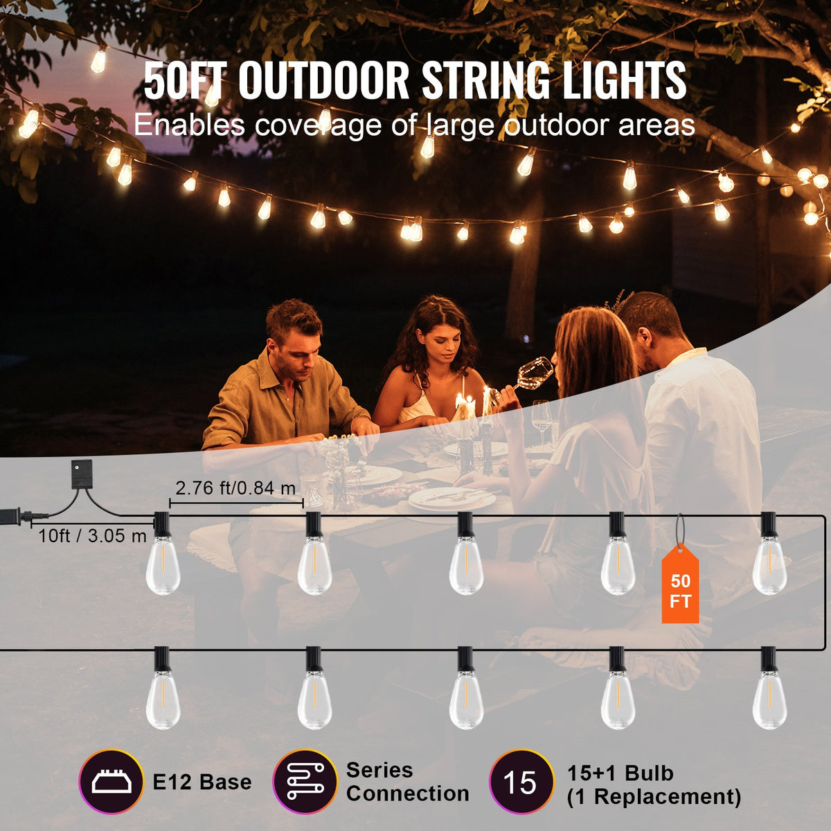 VEVOR LED Outdoor String Lights, 50FT, 2700K Dimmable Outside Patio Lights with 15 S14 Shatterproof Bulbs E12 Socket Base, Waterproof Hanging Lights for Porch Backyard Garden Balcony Deck Party Decor - DSHWDC50FT15MKS7IV1 - view 5