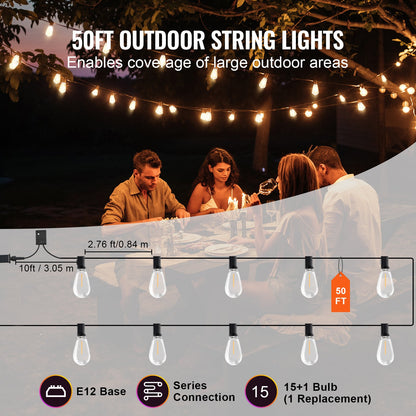 VEVOR LED Outdoor String Lights, 50FT, 2700K Dimmable Outside Patio Lights with 15 S14 Shatterproof Bulbs E12 Socket Base, Waterproof Hanging Lights for Porch Backyard Garden Balcony Deck Party Decor - DSHWDC50FT15MKS7IV1 - view 5