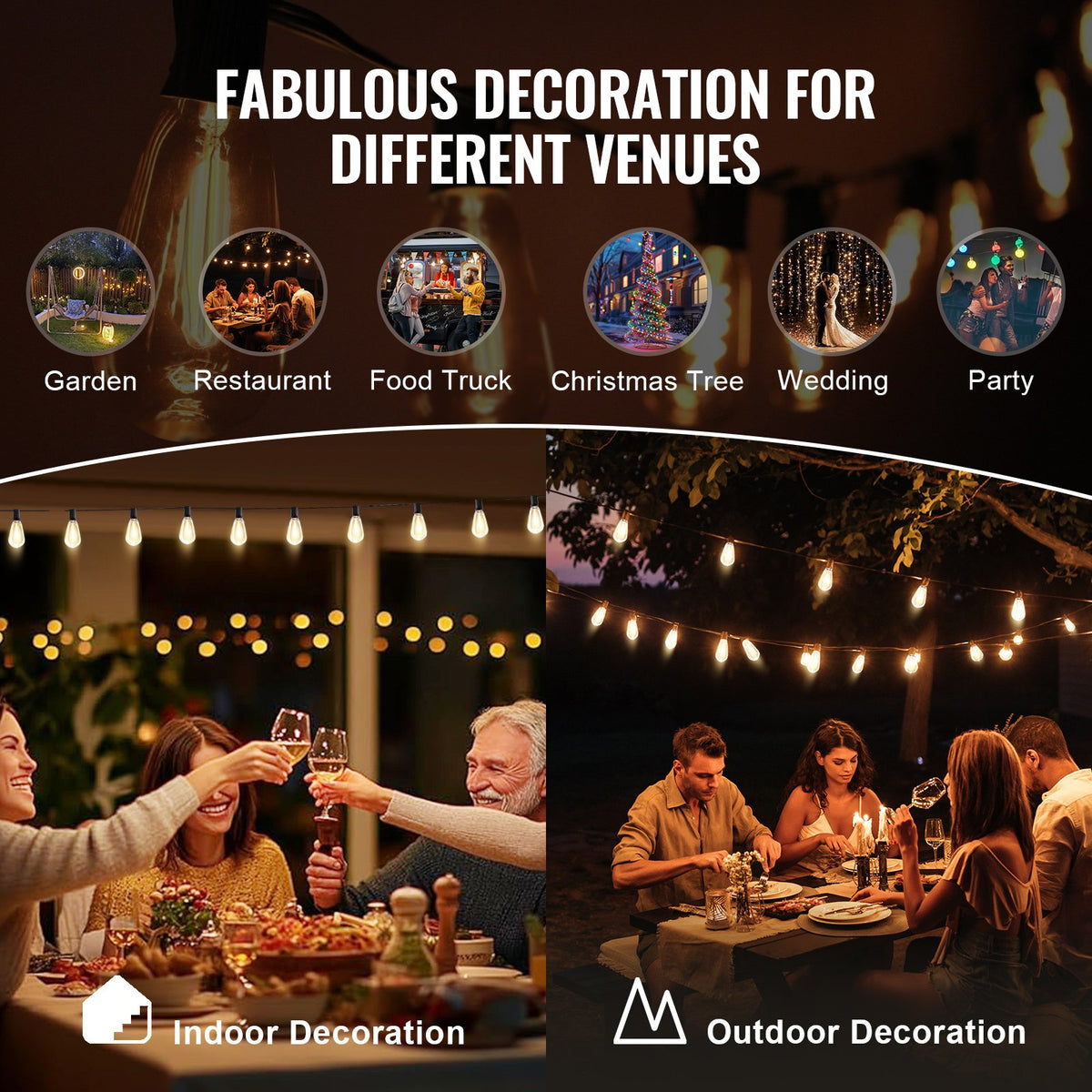 VEVOR LED Outdoor String Lights, 50FT, 2700K Dimmable Outside Patio Lights with 15 S14 Shatterproof Bulbs E12 Socket Base, Waterproof Hanging Lights for Porch Backyard Garden Balcony Deck Party Decor - DSHWDC50FT15MKS7IV1 - view 7