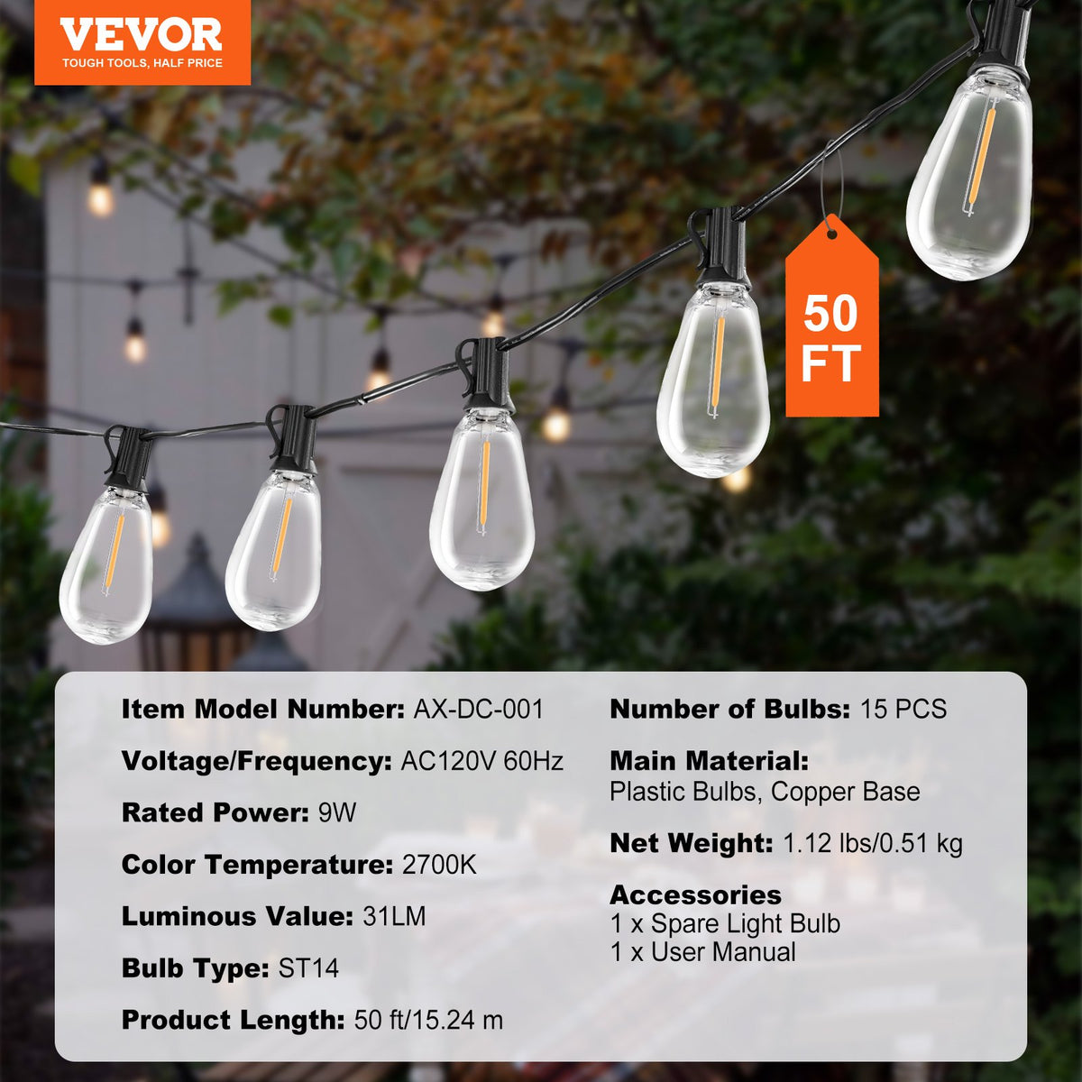 VEVOR LED Outdoor String Lights, 50FT, 2700K Dimmable Outside Patio Lights with 15 S14 Shatterproof Bulbs E12 Socket Base, Waterproof Hanging Lights for Porch Backyard Garden Balcony Deck Party Decor - DSHWDC50FT15MKS7IV1 - view 8