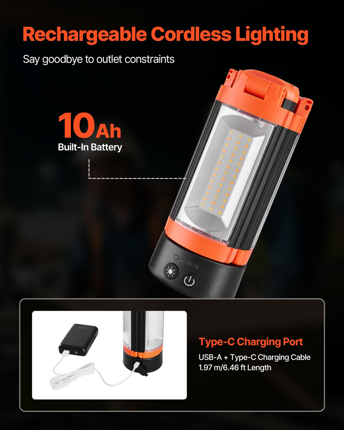 VEVOR LED Work Light with Stand, 10Ah, Rechargeable Cordless Camping Light, with 3 Lamp Heads, Detachable Tripod Stand, 2200 Lumens 3000K-6500K Dimmable, Portable Construction Lighting for Job Site - DSJJZYD10AH21IEL5001V9 - view 6