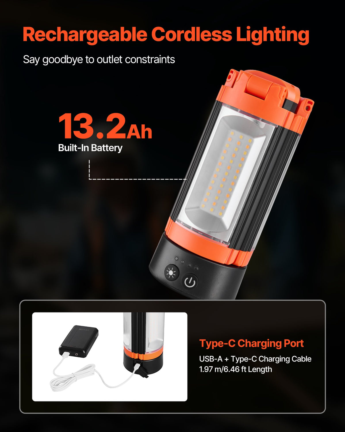 VEVOR LED Work Light with Stand, 13.2Ah, Rechargeable Cordless Camping Light, with 3 Lamp Heads, Detachable Tripod Stand, 2200 Lumens 3000K-6500K Dimmable, Portable Construction Lighting for Job Site - DSJJZYD13200B8WR9001V9 - view 6