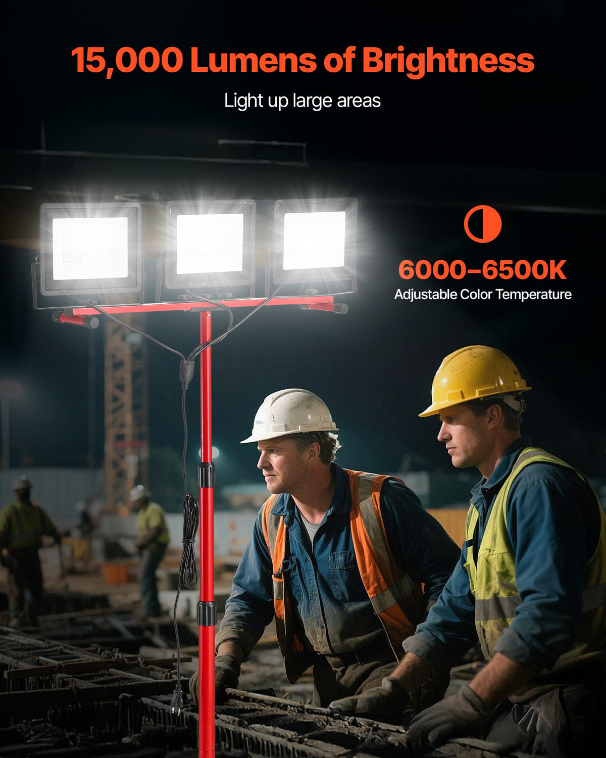 VEVOR LED Work Light with Stand, 15000 Lumens, Three-Head Portable Camping Light with Individual Switch, Tripod Stand, 10.83 ft Power Cord, for Indoor Outdoor Job Site Construction, IP65 Waterproof - DSJJZYD150006S8SJ001V1 - view 3
