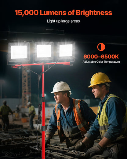 VEVOR LED Work Light with Stand, 15000 Lumens, Three-Head Portable Camping Light with Individual Switch, Tripod Stand, 10.83 ft Power Cord, for Indoor Outdoor Job Site Construction, IP65 Waterproof - DSJJZYD150006S8SJ001V1 - view 3