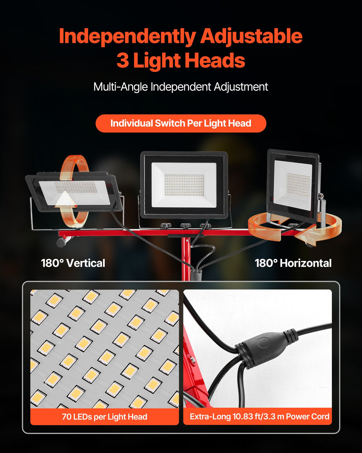 VEVOR LED Work Light with Stand, 15000 Lumens, Three-Head Portable Camping Light with Individual Switch, Tripod Stand, 10.83 ft Power Cord, for Indoor Outdoor Job Site Construction, IP65 Waterproof - DSJJZYD150006S8SJ001V1 - view 4