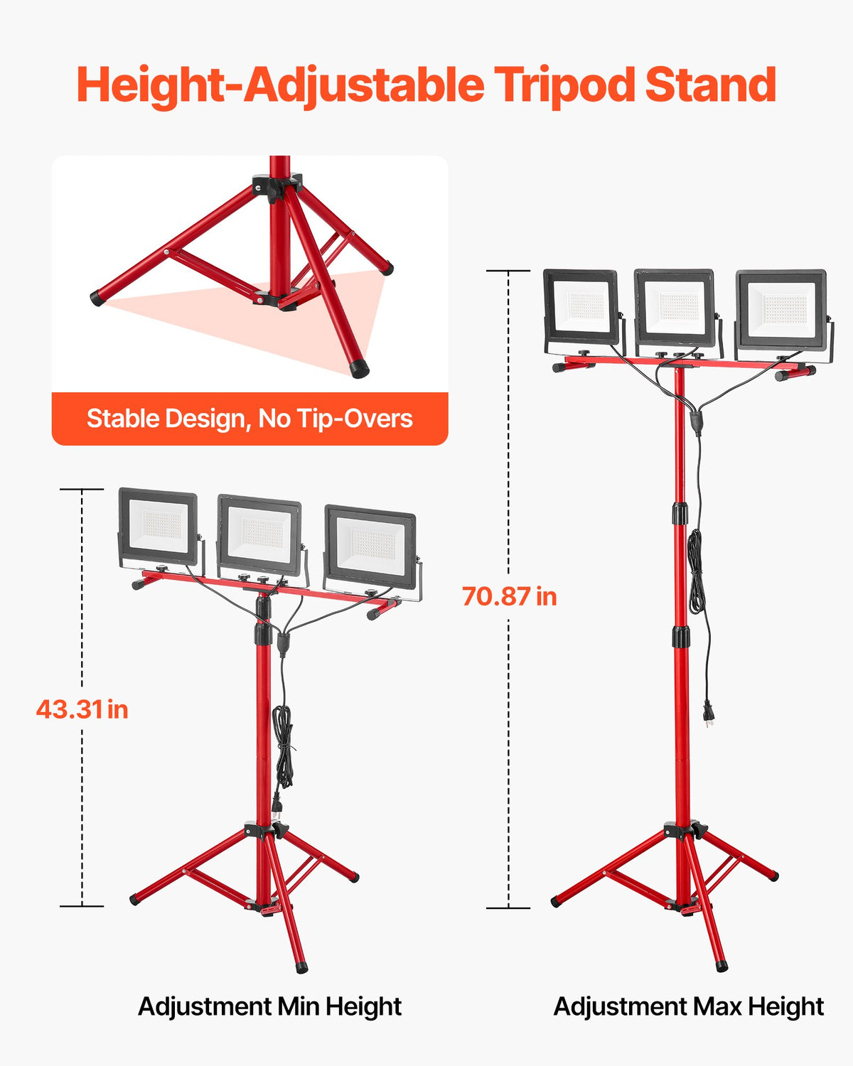 VEVOR LED Work Light with Stand, 15000 Lumens, Three-Head Portable Camping Light with Individual Switch, Tripod Stand, 10.83 ft Power Cord, for Indoor Outdoor Job Site Construction, IP65 Waterproof - DSJJZYD150006S8SJ001V1 - view 5
