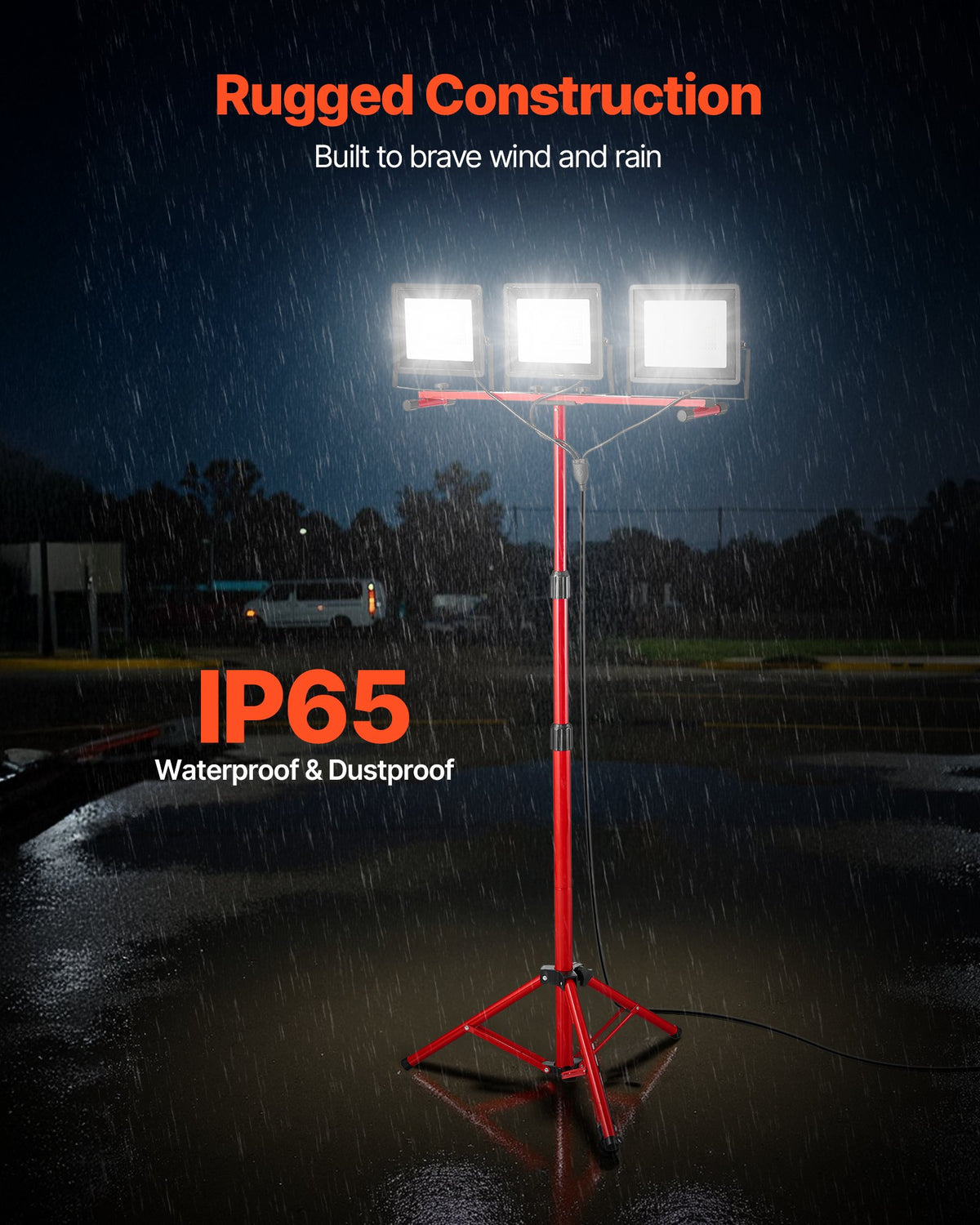 VEVOR LED Work Light with Stand, 15000 Lumens, Three-Head Portable Camping Light with Individual Switch, Tripod Stand, 10.83 ft Power Cord, for Indoor Outdoor Job Site Construction, IP65 Waterproof - DSJJZYD150006S8SJ001V1 - view 6