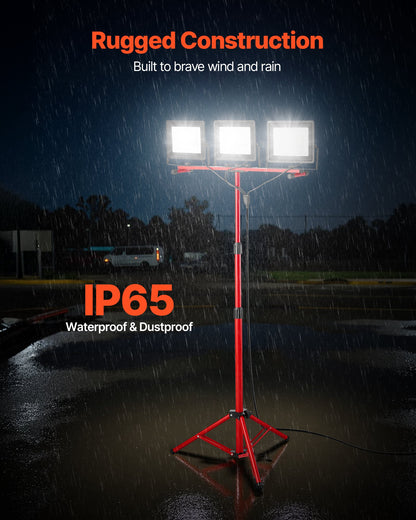 VEVOR LED Work Light with Stand, 15000 Lumens, Three-Head Portable Camping Light with Individual Switch, Tripod Stand, 10.83 ft Power Cord, for Indoor Outdoor Job Site Construction, IP65 Waterproof - DSJJZYD150006S8SJ001V1 - view 6
