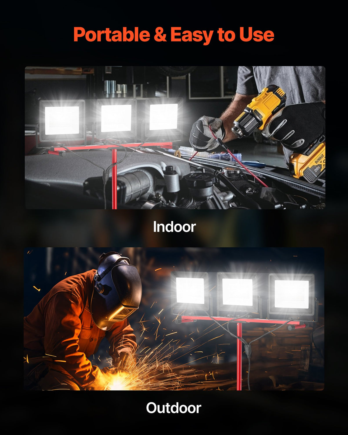 VEVOR LED Work Light with Stand, 15000 Lumens, Three-Head Portable Camping Light with Individual Switch, Tripod Stand, 10.83 ft Power Cord, for Indoor Outdoor Job Site Construction, IP65 Waterproof - DSJJZYD150006S8SJ001V1 - view 7