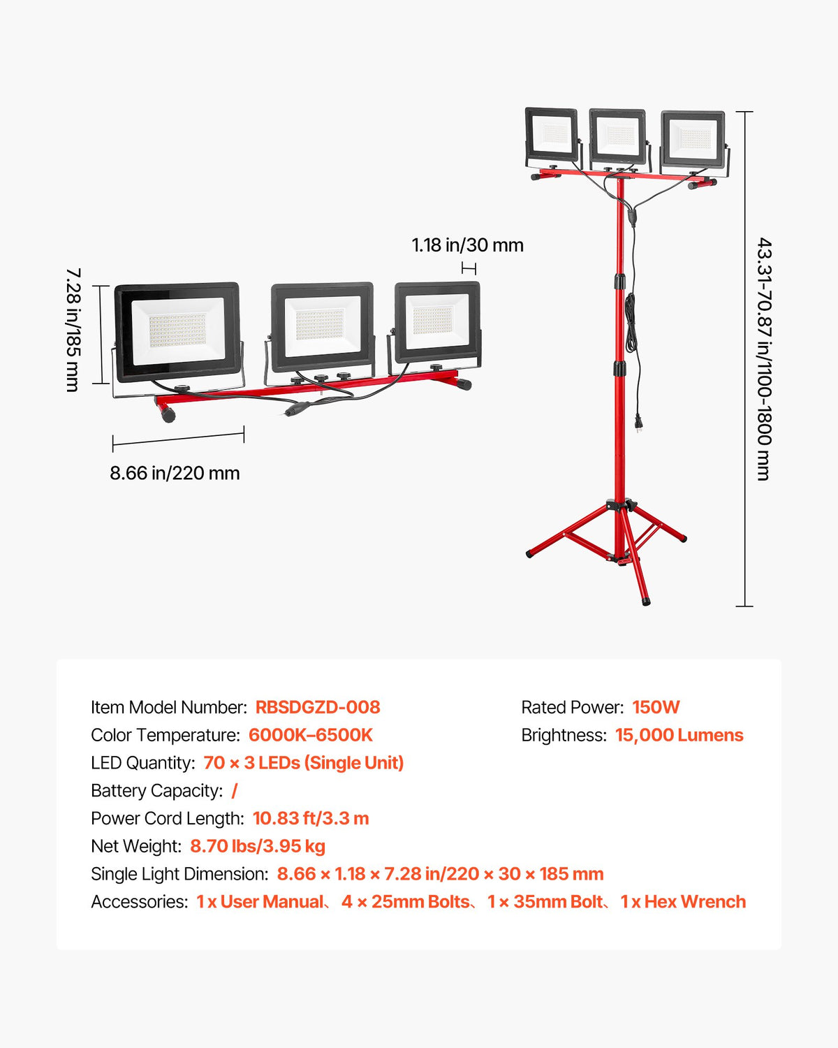 VEVOR LED Work Light with Stand, 15000 Lumens, Three-Head Portable Camping Light with Individual Switch, Tripod Stand, 10.83 ft Power Cord, for Indoor Outdoor Job Site Construction, IP65 Waterproof - DSJJZYD150006S8SJ001V1 - view 8