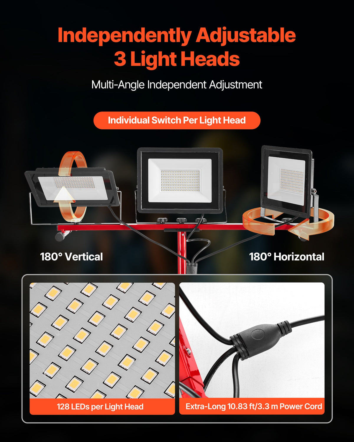 VEVOR LED Work Light with Stand, 21000 Lumens, Three-Head Portable Camping Light with Individual Switch, Tripod Stand, 10.83 ft Power Cord, for Indoor Outdoor Job Site Construction, IP65 Waterproof - DSJJZYD21000P046V001V1 - view 4