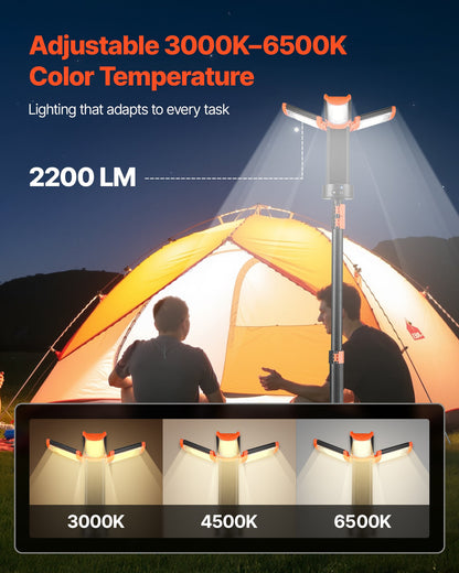 VEVOR LED Work Light with Stand, 6Ah, Rechargeable Cordless Camping Light, with 3 Lamp Heads, Detachable Tripod Stand, 2200 Lumens 3000K-6500K Dimmable, Portable Construction Lighting for Job Site - DSJJZYD6AH22LUXPP001V9 - view 3