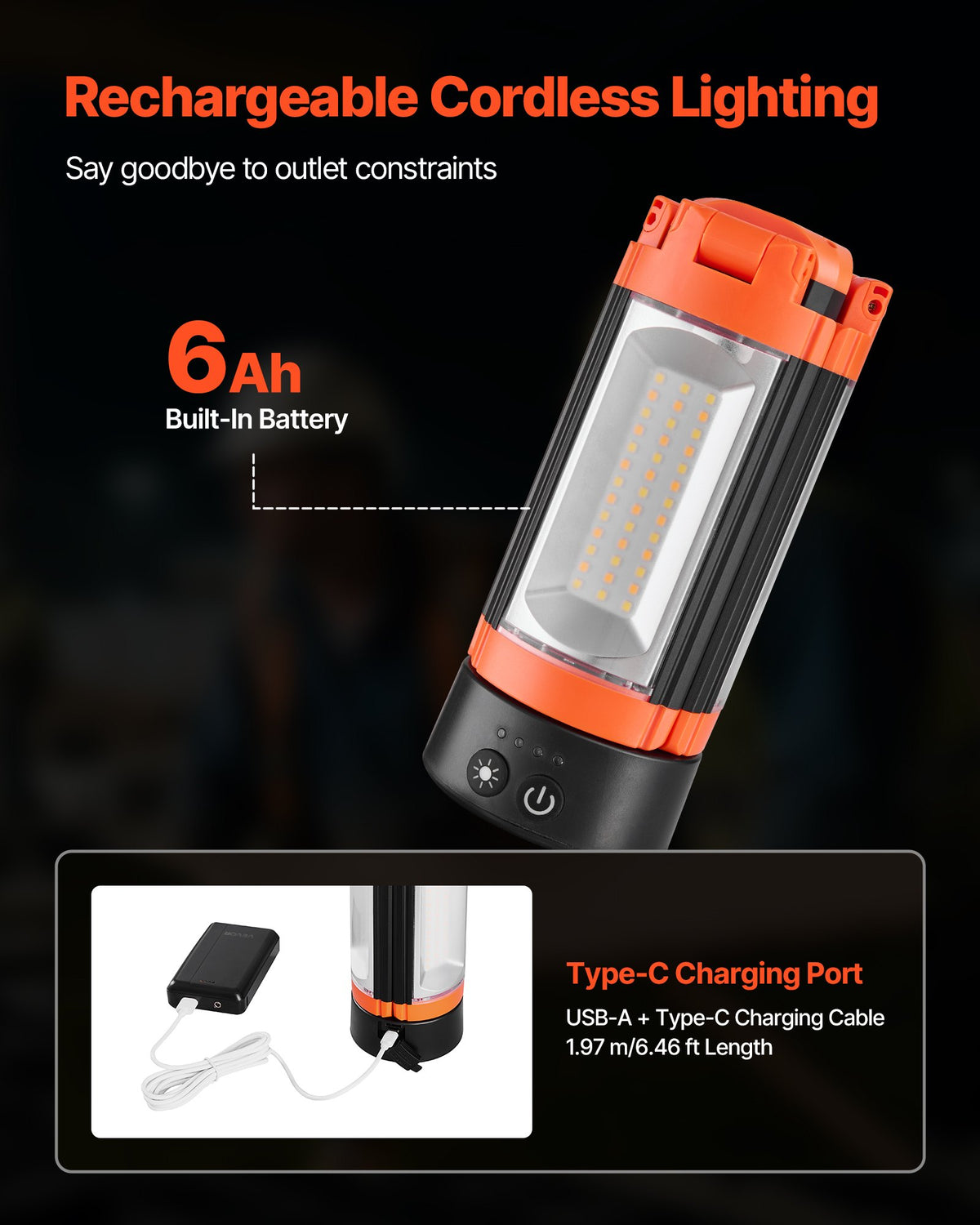 VEVOR LED Work Light with Stand, 6Ah, Rechargeable Cordless Camping Light, with 3 Lamp Heads, Detachable Tripod Stand, 2200 Lumens 3000K-6500K Dimmable, Portable Construction Lighting for Job Site - DSJJZYD6AH22LUXPP001V9 - view 6