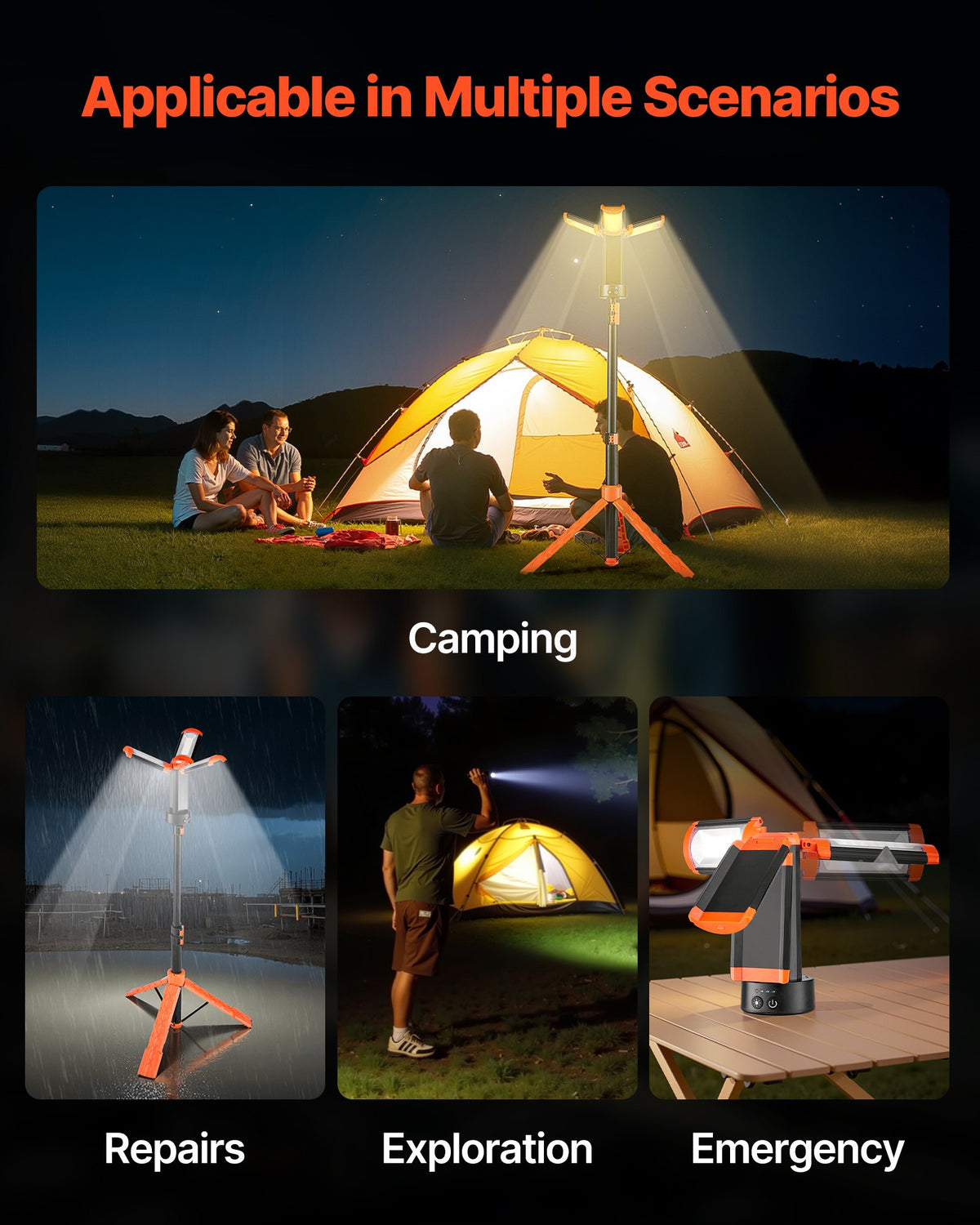 VEVOR LED Work Light with Stand, 6Ah, Rechargeable Cordless Camping Light, with 3 Lamp Heads, Detachable Tripod Stand, 2200 Lumens 3000K-6500K Dimmable, Portable Construction Lighting for Job Site - DSJJZYD6AH22LUXPP001V9 - view 7
