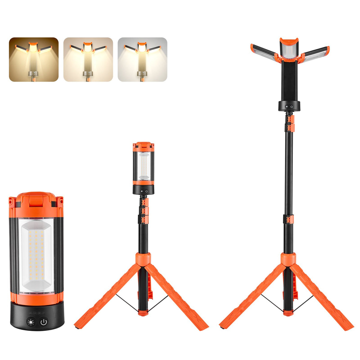 VEVOR LED Work Light with Stand, 8Ah, Rechargeable Cordless Camping Light, with 3 Lamp Heads, Detachable Tripod Stand, 2200 Lumens 3000K-6500K Dimmable, Portable Construction Lighting for Job Site - DSJJZYD8AH226TKKI001V9 - view 1