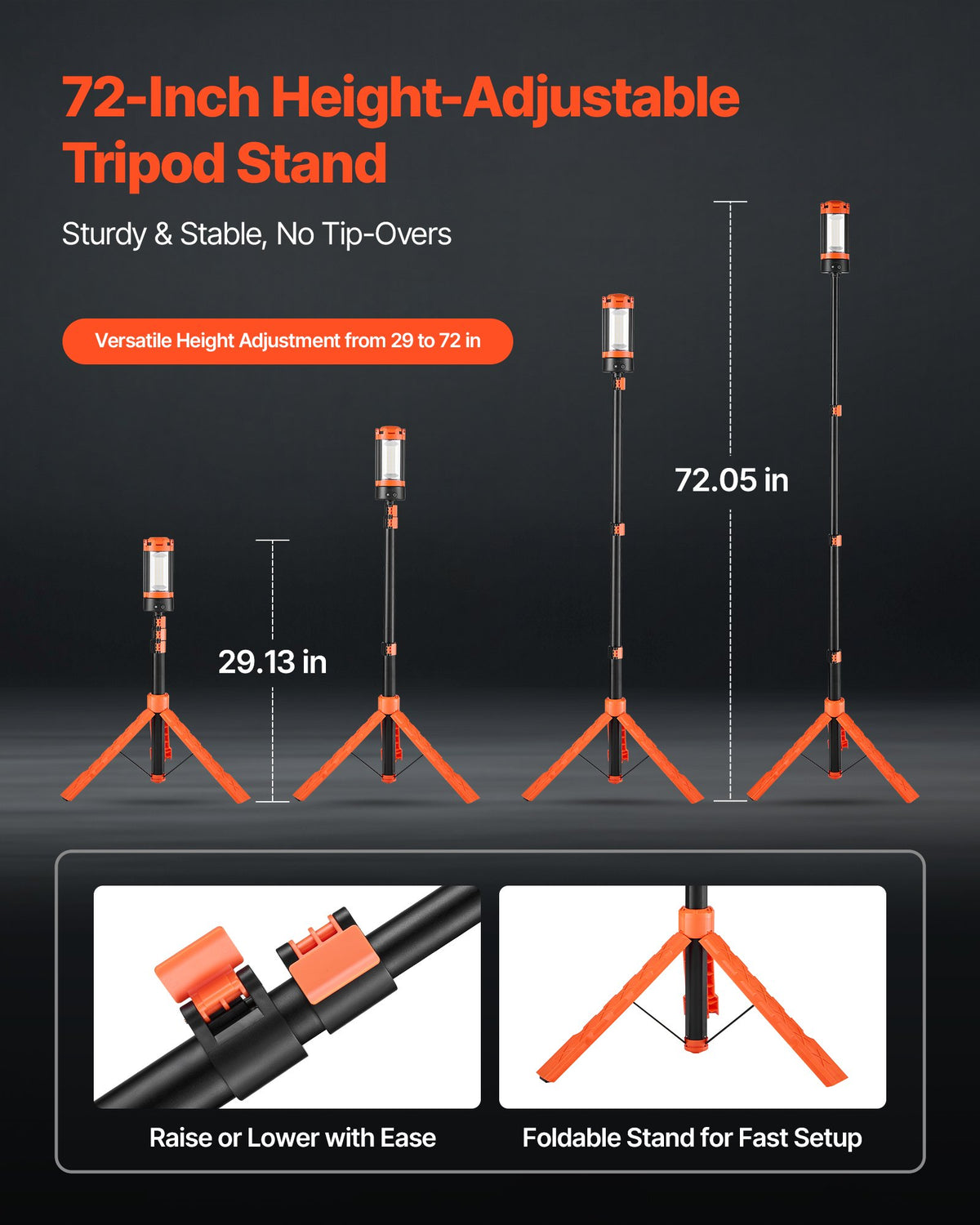VEVOR LED Work Light with Stand, 8Ah, Rechargeable Cordless Camping Light, with 3 Lamp Heads, Detachable Tripod Stand, 2200 Lumens 3000K-6500K Dimmable, Portable Construction Lighting for Job Site - DSJJZYD8AH226TKKI001V9 - view 5