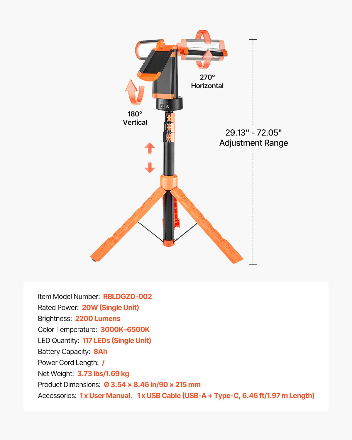 VEVOR LED Work Light with Stand, 8Ah, Rechargeable Cordless Camping Light, with 3 Lamp Heads, Detachable Tripod Stand, 2200 Lumens 3000K-6500K Dimmable, Portable Construction Lighting for Job Site - DSJJZYD8AH226TKKI001V9 - view 8
