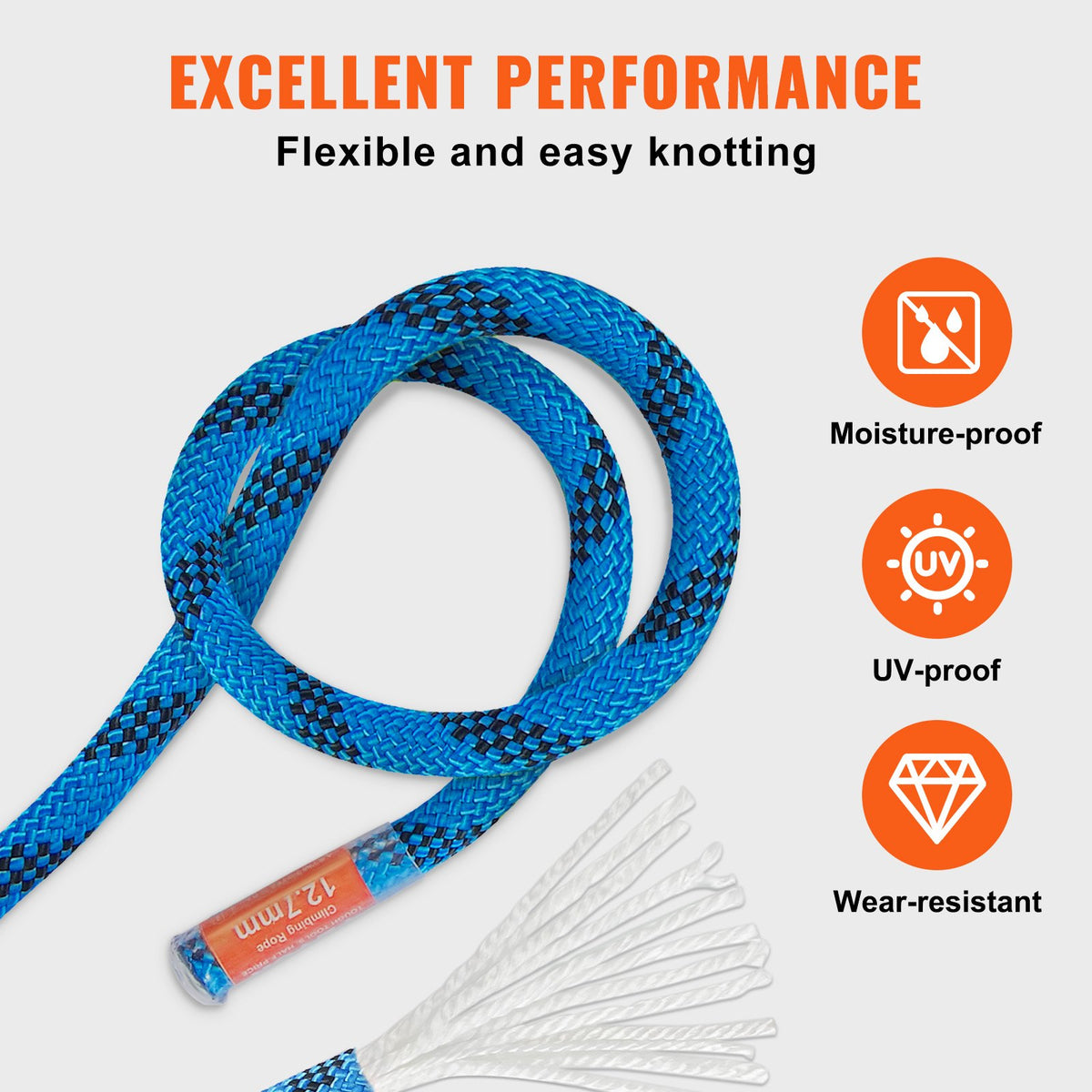 VEVOR 12.7mm Static Climbing Rope, 38M(125ft) Outdoor Rock Climbing Rope 30KN Breaking Tension, Fiber Rope with Steel Snap Hooks for Escape, Rappelling, Fire Rescue, Blue - DSJLSLSXWS12KKX58V0 - view 6