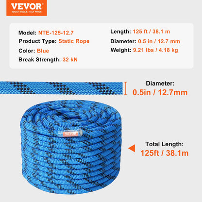 VEVOR 12.7mm Static Climbing Rope, 38M(125ft) Outdoor Rock Climbing Rope 30KN Breaking Tension, Fiber Rope with Steel Snap Hooks for Escape, Rappelling, Fire Rescue, Blue - DSJLSLSXWS12KKX58V0 - view 8
