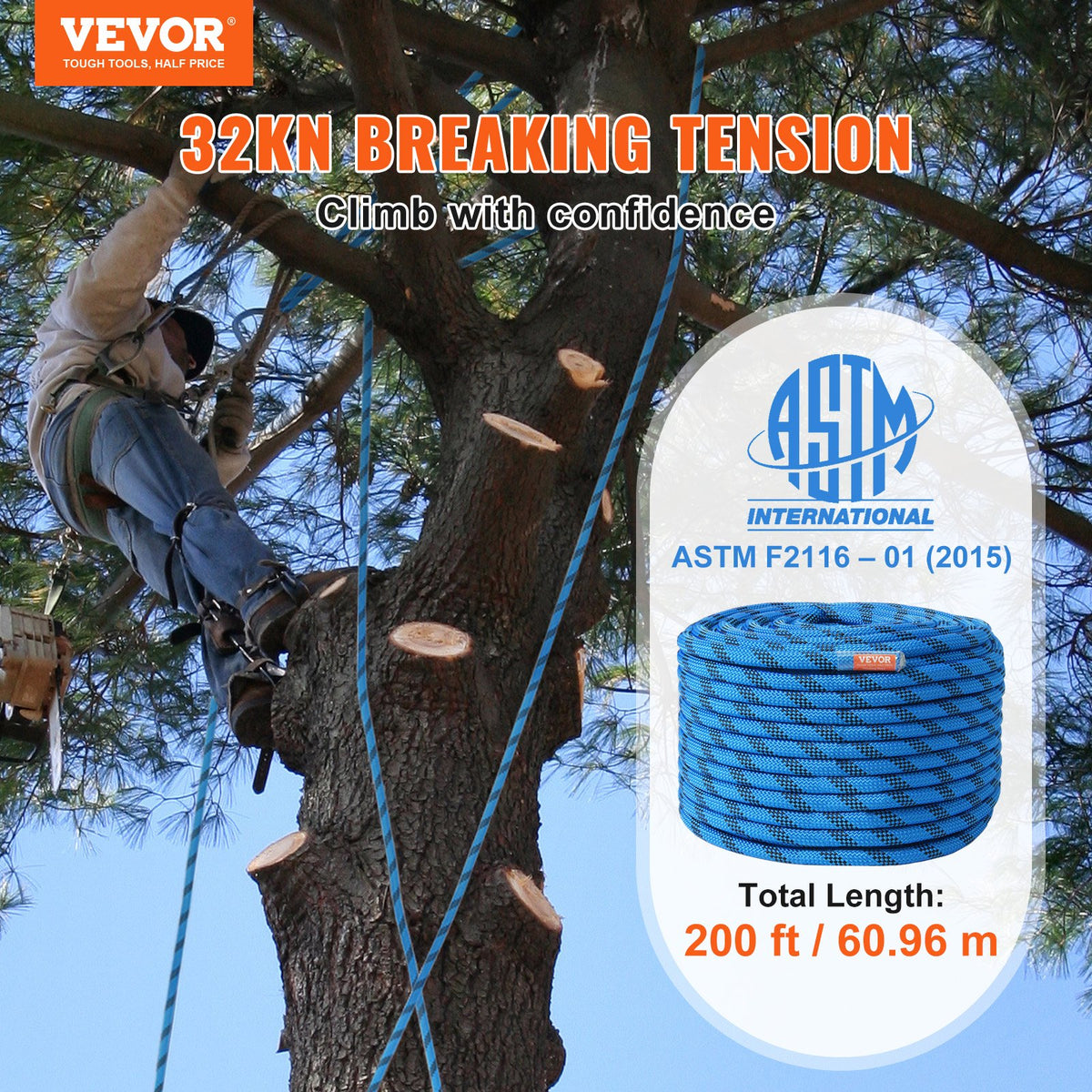 VEVOR 12.7mm Static Climbing Rope, 60.9M(200ft) Outdoor Rock Climbing Rope 30KN Breaking Tension, Fiber Rope for Escape, Rappelling, Fire Rescue, Blue - DSJLSLSXWS20TCLGSV0 - view 3