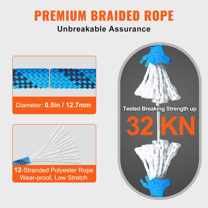VEVOR 12.7mm Static Climbing Rope, 60.9M(200ft) Outdoor Rock Climbing Rope 30KN Breaking Tension, Fiber Rope for Escape, Rappelling, Fire Rescue, Blue - DSJLSLSXWS20TCLGSV0 - view 4