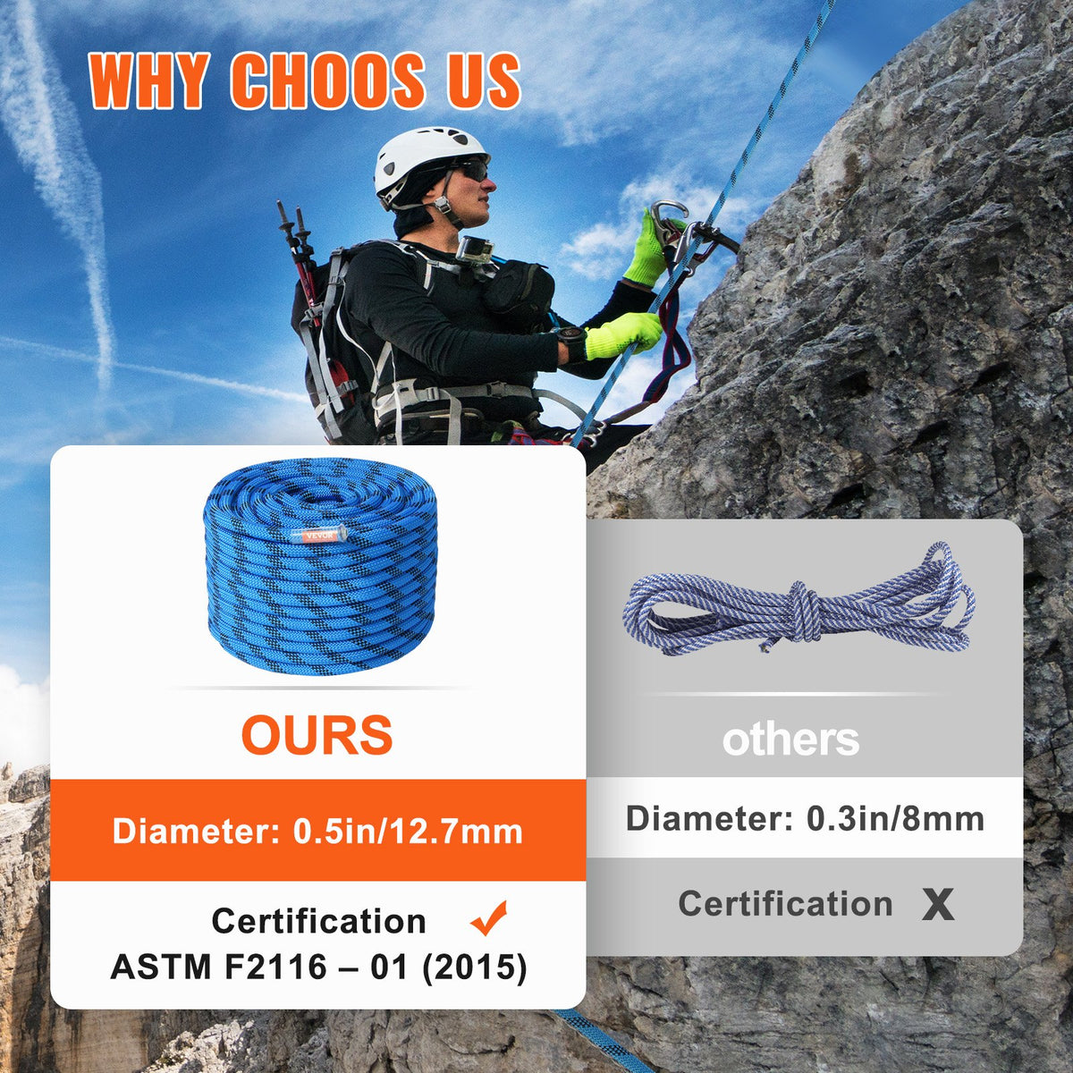 VEVOR 12.7mm Static Climbing Rope, 60.9M(200ft) Outdoor Rock Climbing Rope 30KN Breaking Tension, Fiber Rope for Escape, Rappelling, Fire Rescue, Blue - DSJLSLSXWS20TCLGSV0 - view 5