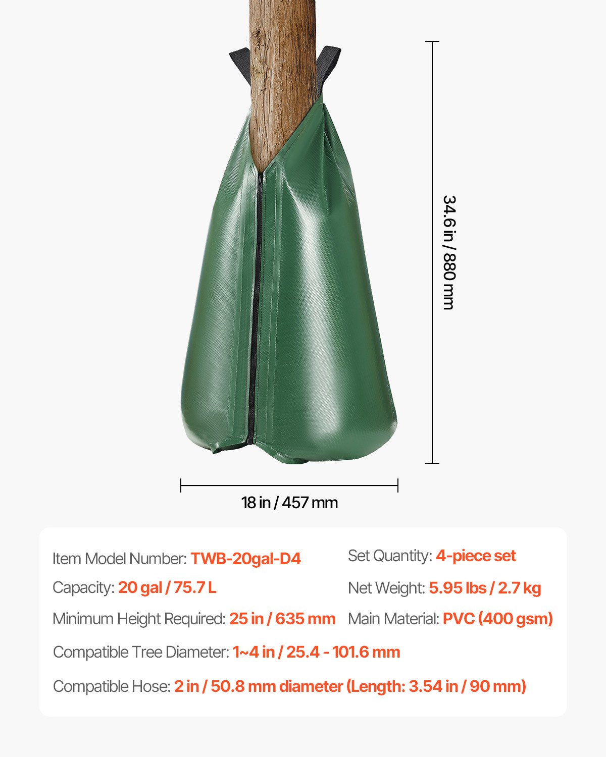 VEVOR Tree Watering Bag, 4 Packs 20 Gallons Watering Bags for New Trees, 5-9 Hours Slow Release Refillable Tree Drip Irrigation Bags with Zipper, Durable Tree Watering System for Deep Root Targeting - DSJSD20GAL4JI8TMOV0 - view 8