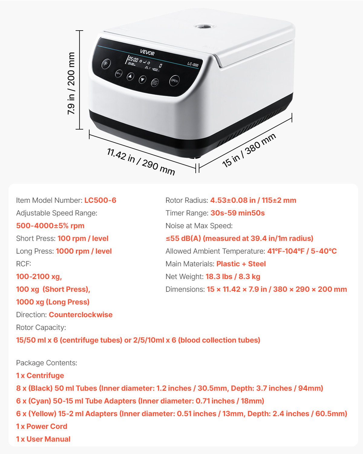 VEVOR Centrifuge Machine, 100-2100xg RCF Electric Laboratory Centrifuge Machine with 1 Rotor for 2/5/10/15/50ml Tube Capacity, Low Speed 500-4000rpm with Timer, Widely Used in Various Experiments - DSLXJ50ML000NL0Y3001V1 - view 8