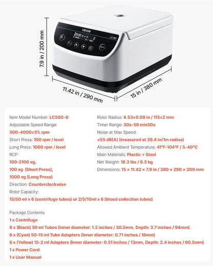 VEVOR Centrifuge Machine, 100-2100xg RCF Electric Laboratory Centrifuge Machine with 1 Rotor for 2/5/10/15/50ml Tube Capacity, Low Speed 500-4000rpm with Timer, Widely Used in Various Experiments - DSLXJ50ML000NL0Y3001V1 - view 8