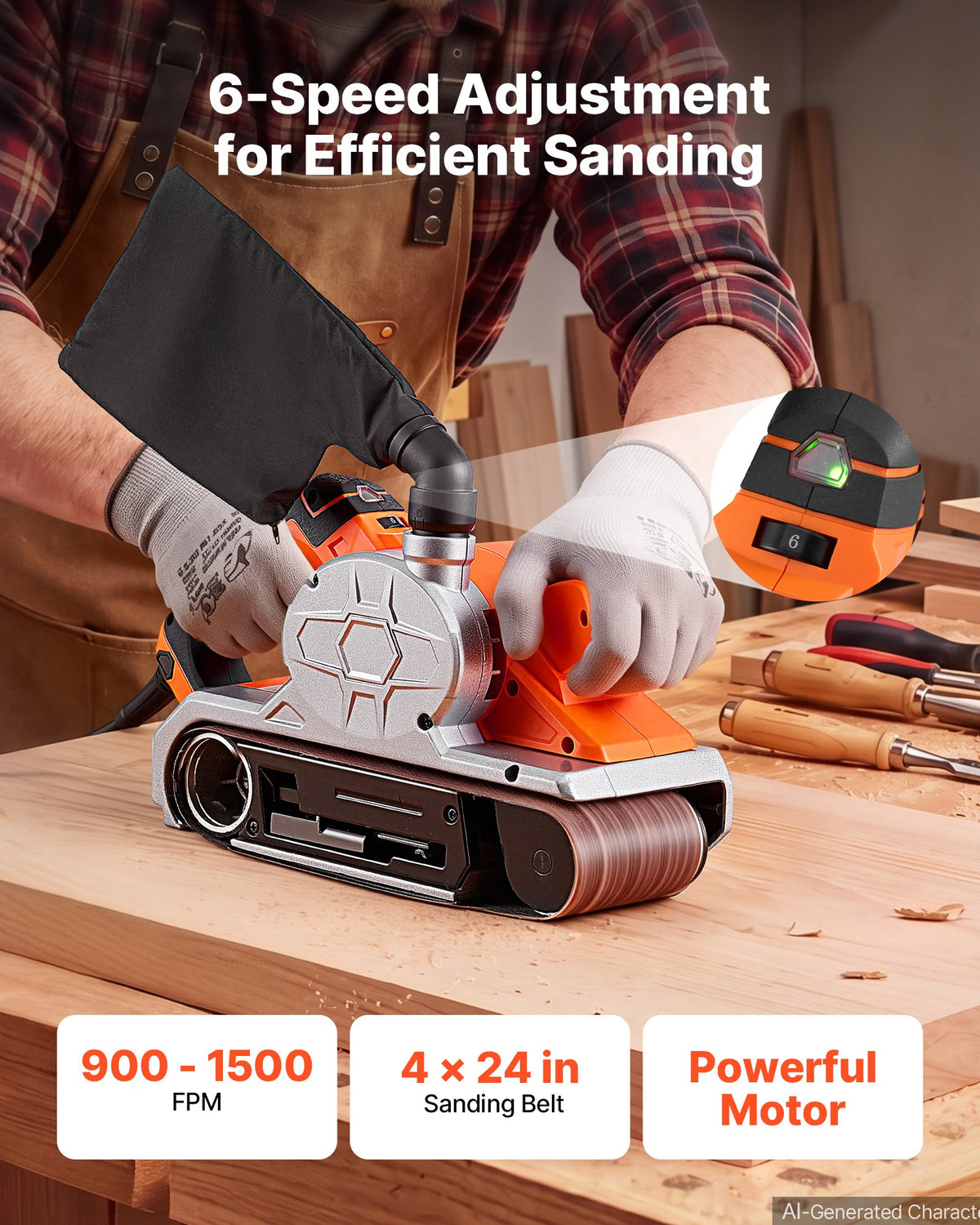 VEVOR 11.5A Belt Sander 4" x 24" Woodworking Belt Sander 6 Variable Speeds, 900-1550 FPM Sanding Machine with 10PCS Sanding Belts, 2 Dust Bags & 2-in-1 Vacuum Adapter for Woodworking Projects - DSSMJSCSCDK16SERM001V1 - view 3