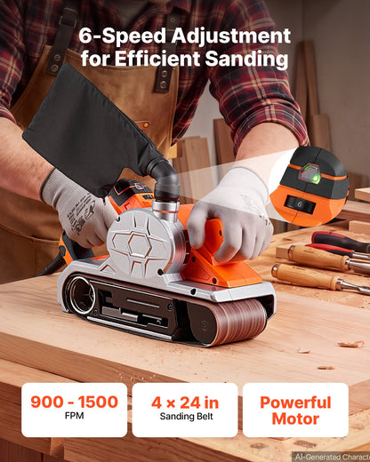VEVOR 11.5A Belt Sander 4" x 24" Woodworking Belt Sander 6 Variable Speeds, 900-1550 FPM Sanding Machine with 10PCS Sanding Belts, 2 Dust Bags & 2-in-1 Vacuum Adapter for Woodworking Projects - DSSMJSCSCDK16SERM001V1 - view 3
